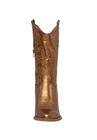 Bota de vaquero de bronce con acabado brillante, punta redondeada y costuras decorativas. Cierre lateral con cremallera y tiradores para facilitar el uso.