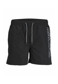Bañador negro con una cinturilla elástica, cordón ajustable y un logo blanco impreso en el lateral. Tela suave y ligera.
