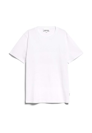 Witte katoenen t-shirt met korte mouwen, ronde hals en rechte zoom. Beschikt over een gestikt label aan de onderkant van de linkerkant. Soepele textuur.