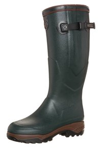 Green rubber knee-high boot with a textured finish, reinforced brown sole, adjustable side strap, and logo detail on the upper.