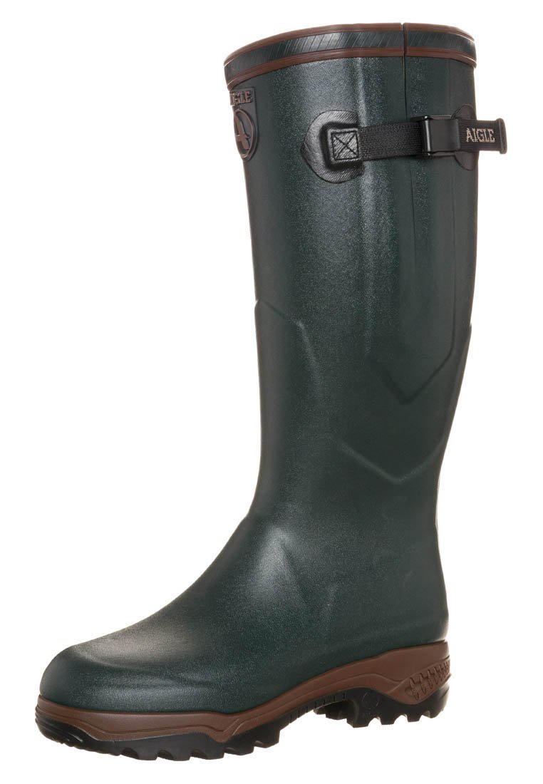 Green rubber knee-high boot with a textured finish, reinforced brown sole, adjustable side strap, and logo detail on the upper.