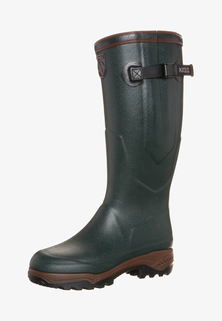 Green rubber knee-high boot with a textured finish, reinforced brown sole, adjustable side strap, and logo detail on the upper.