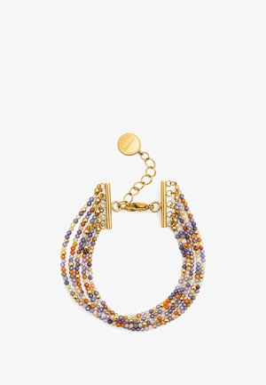 Bracciale a più fili con finiture dorate, perline viola, arancioni e multicolori, con chiusura a moschettone e catena regolabile.