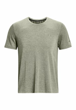T-shirt de sport pour homme, manches courtes, vert olive clair, col rond avec logo subtil Under Armour sur la poitrine et la manche.