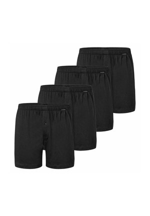 Sorte bomuldsboxer shorts, fire-pak, med elastisk talje og knaplukke. Enkel design uden mønstre eller accenter.