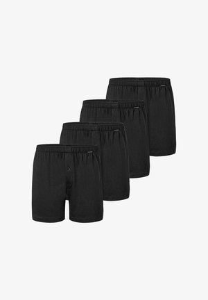 Schwarze Baumwoll-Boxershorts im Viererpack mit einem elastischen Bund und einem Knopfverschluss. Einfaches Design ohne Muster oder Akzente.