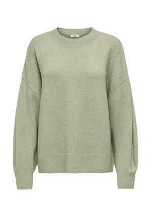 Hellgrüner Pullover aus weichem Strickstoff mit rundem Ausschnitt und überschnittenen Schultern, versehen mit geripptem Saum und Bündchen.
