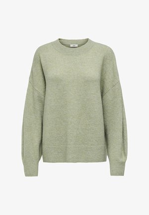 Hellgrüner Pullover aus weichem Strickstoff mit rundem Ausschnitt und überschnittenen Schultern, versehen mit geripptem Saum und Bündchen.