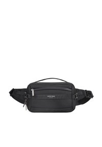 Borsa in nylon nera a vita con tracolla regolabile, compartimenti con cerniera, superficie testurizzata e logo frontale. Design compatto e rettangolare.