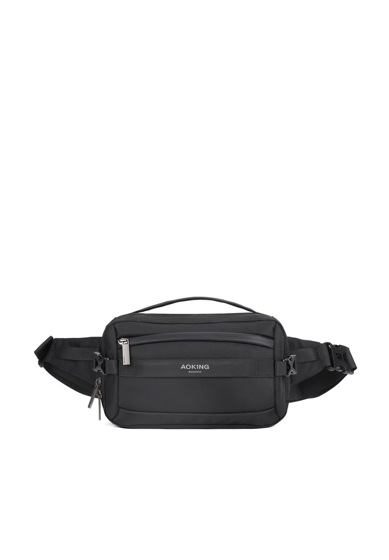 Borsa in nylon nera a vita con tracolla regolabile, compartimenti con cerniera, superficie testurizzata e logo frontale. Design compatto e rettangolare.