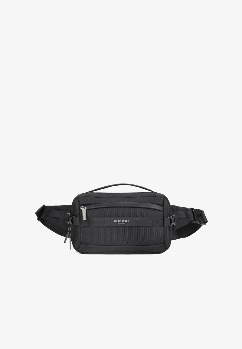 Borsa in nylon nera a vita con tracolla regolabile, compartimenti con cerniera, superficie testurizzata e logo frontale. Design compatto e rettangolare.