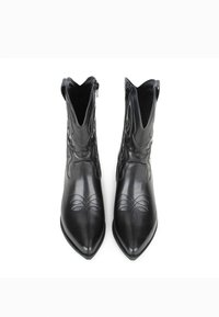 Botas de cuero negro hasta el tobillo con punteras puntiagudas, con costuras decorativas y un cierre de cremallera en el lateral. Textura suave, diseño minimalista.