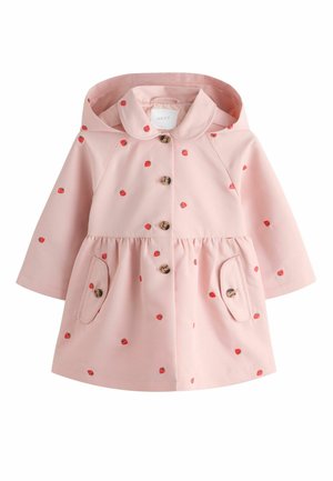 Light pink raincoat with a hood, featuring red strawberry patterns, wooden buttons, and two front pockets with flaps. Smooth fabric texture.