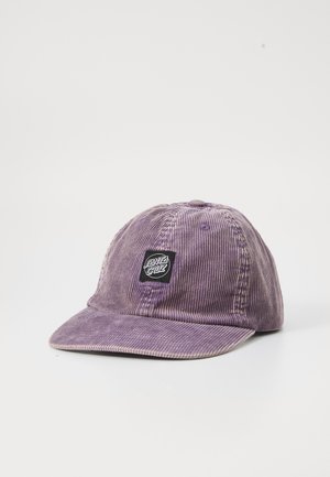 Purple corduroy cap with a flat brim and a black embroidered logo patch. Features vertical ribbed texture and stitching details.