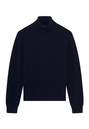 Maglione blu navy con collo alto a costine, maniche lunghe e una consistenza morbida. Presenta un logo discreto vicino all'orlo e una vestibilità classica.