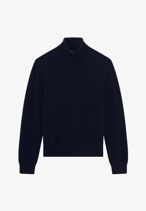Navyfarbener Pullover mit hohem, geripptem Kragen, langen Ärmeln und einer weichen Textur. Verfügt über ein dezentes Logo nahe dem Saum und eine klassische Passform.