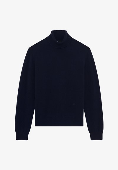 Navyfarbener Pullover mit hohem, geripptem Kragen, langen Ärmeln und einer weichen Textur. Verfügt über ein dezentes Logo nahe dem Saum und eine klassische Passform.