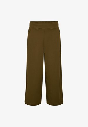 Olivengrüne weite Hosen aus weichem Stoff. Mit einem elastischen Bund und seitlichen Schlitzen für Bewegungsfreiheit.