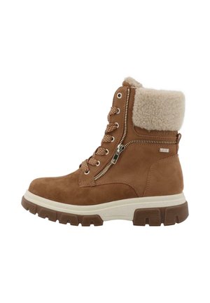 Bottines en suède marron avec un col en fourrure, fermeture éclair latérale et semelle en caoutchouc texturé. Lacs proéminents et accents en métal doré.