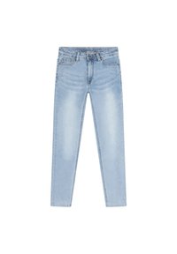Jeans in denim azzurro chiaro con vestibilità slim, design a cinque tasche, leggera sbiaditura e vita standard con etichetta del logo sul retro.