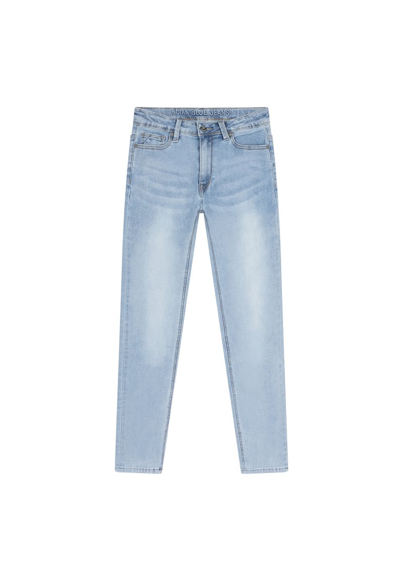 Jeans in denim azzurro chiaro con vestibilità slim, design a cinque tasche, leggera sbiaditura e vita standard con etichetta del logo sul retro.