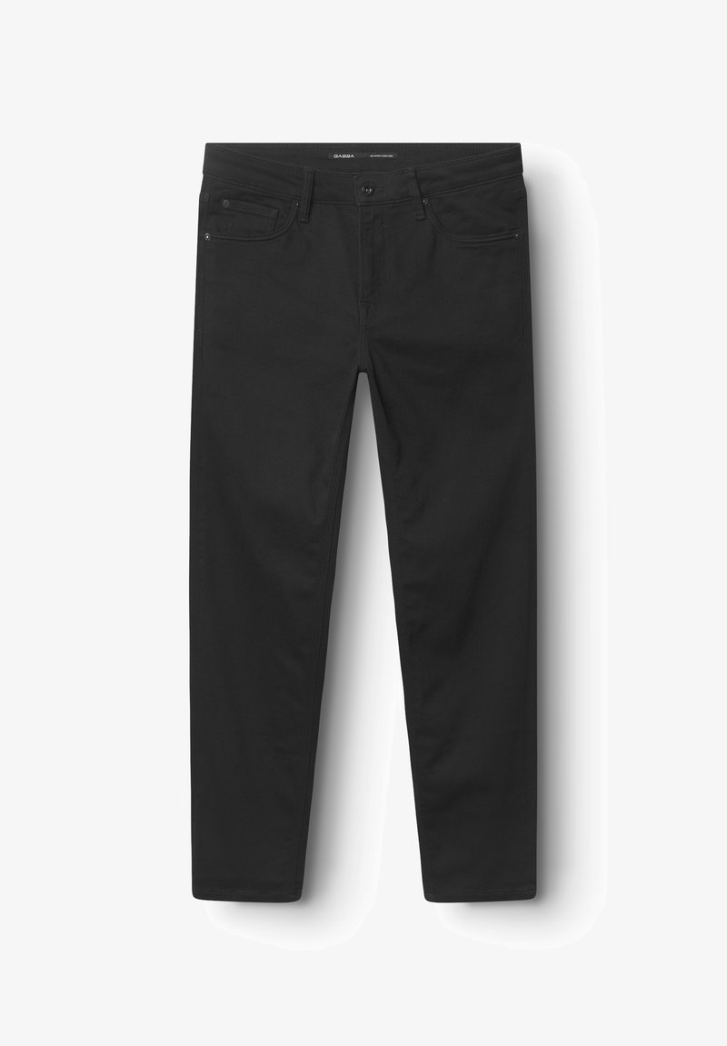 Schwarze Jeans aus Denim, mit einem schlanken Schnitt, Vorderaschen und einer einzelnen Gesäßtasche. Glatte Textur mit einer minimalistischen Ästhetik.