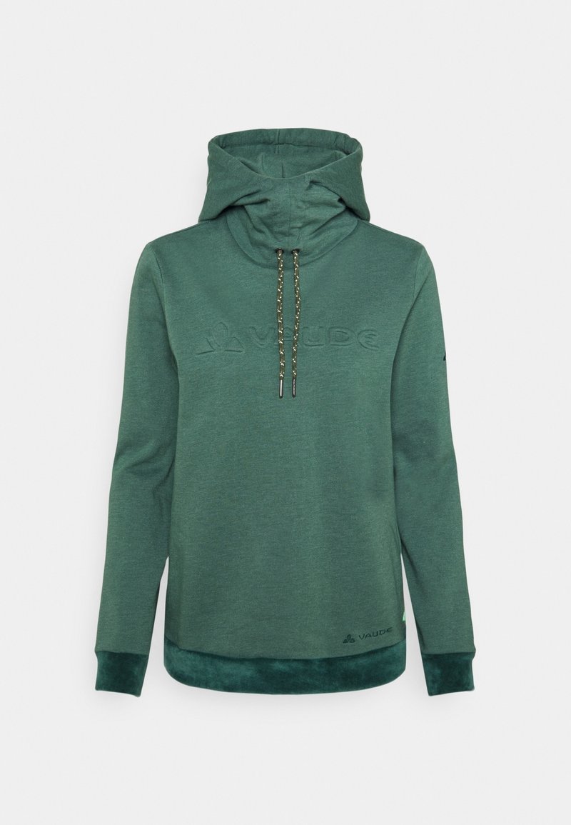 Sweat à capuche vert à enfiler avec cordons, manches longues, logo embossé sur le devant et ourlet et poignets légèrement plus foncés.