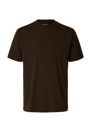 Camiseta de algodón marrón, de manga corta, con cuello redondo, textura suave, sin patrones ni impresiones, diseño simple, corte relajado.