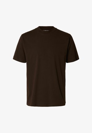 Brun bomulds T-shirt, korte ærmer, rund halsudskæring, glat tekstur, ingen mønstre eller tryk, enkelt design, afslappet pasform.