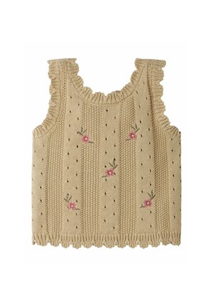Beige strikket ærmeløs top med flæsekant og små broderede lyserøde blomster spredt foran.