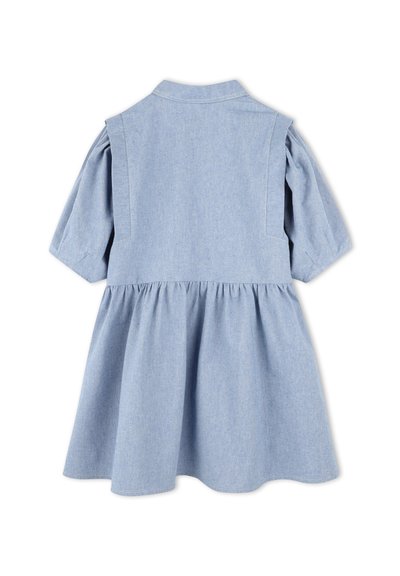 Robe en chambray bleu clair, manches courtes bouffantes, corsage ajusté, jupe froncée et col boutonné. Texture lisse, design décontracté.