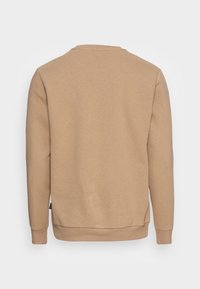 Sudadera beige de cuello redondo con mangas largas, puños y dobladillo de canalé, fabricada en suave material de algodón, que presenta una textura lisa y sólida.