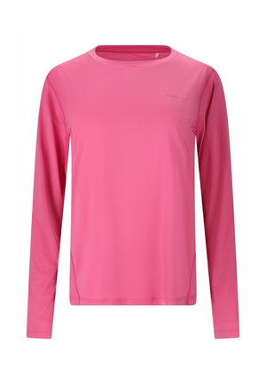 Felroze atletisch shirt met lange mouwen en ronde hals, gladde textuur en subtiele stikdetails aan de zijkanten en mouwen.