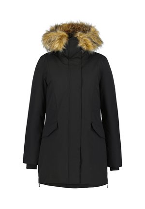 Parka nera con cappuccio in pelliccia sintetica nei toni del marrone, dotata di tasche con zip e dalla linea dritta. Tessuto morbido, adatto per il clima freddo.