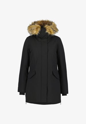 Parka nera con cappuccio in pelliccia sintetica nei toni del marrone, dotata di tasche con zip e dalla linea dritta. Tessuto morbido, adatto per il clima freddo.