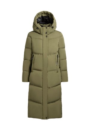 Olivgrüne Steppjacke mit Kapuze, langem Schnitt, Reißverschlusstaschen an den Seiten und einem gesteppten Design mit auffälligen horizontalen Nähten.