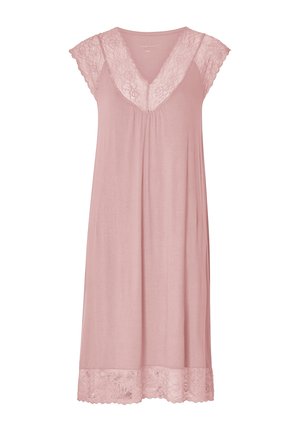 Camicia da notte senza maniche in rosa chiaro, con un bordo in pizzo attorno al collo e all'orlo, realizzata in un morbido tessuto fluente.
