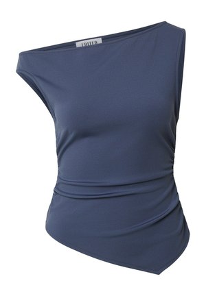 Mouwloos donkerblauw asymmetrisch top met een schouderontwerp, geplooide zijkantdetail en een licht puntige zoom.