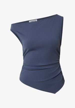Ärmelloses dunkelblaues asymmetrisches Top mit Ein-Schulter-Design, gerafftem Seitendetail und einem leicht spitzen Saum.