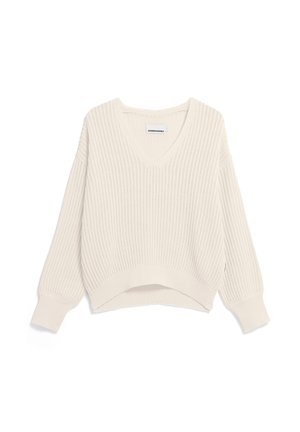 Gebreide trui in off-white met grove structuur, V-hals, lange mouwen, aansluitende boorden en licht verkorte zoom.