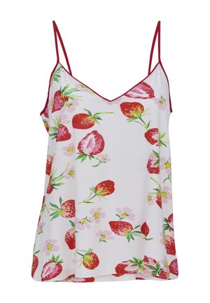 Biały top bez rękawów z cienkimi czerwonymi ramiączkami, zdobiony wzorem czerwonych truskawek i różowych kwiatów z zielonymi liśćmi.