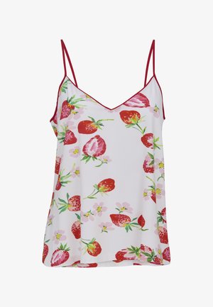 Biały top bez rękawów z cienkimi czerwonymi ramiączkami, zdobiony wzorem czerwonych truskawek i różowych kwiatów z zielonymi liśćmi.