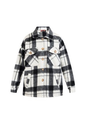 Karovaná černobílá flanelová bunda s límcem, dvěma náprsními kapsami, zapínáním na knoflíky a měkkou strukturou. Obsahuje dřevěné knoflíky.