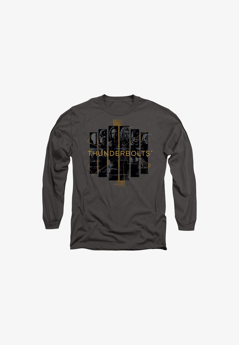 Langärmliges graues T-Shirt mit einem schwarz-weißen Grafikdesign von mehreren Charakteren und dem Text "THUNDERBOLTS*" in gelber Schrift.