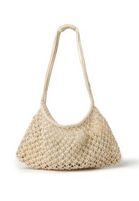 Borsa a rete beige con design intrecciato, caratterizzata da una parte superiore arrotondata e due lunghe fasce morbide per il trasporto. Realizzata in materiale flessibile.