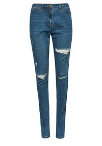 Vaqueros skinny de mezclilla azul con desgastes y rasgaduras en la parte frontal, presentan un diseño clásico de cinco bolsillos y un cierre de botón metálico en la cintura.