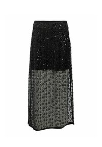 Schwarzer Pailletten-Maxi-Rock mit einer transparenten unteren Schicht, die florale Muster aufweist. Das Oberteil ist einfarbig schwarz, mit einem eng anliegenden Taillenbund und einem fließenden Design.