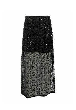 Schwarzer Pailletten-Maxi-Rock mit einer transparenten unteren Schicht, die florale Muster aufweist. Das Oberteil ist einfarbig schwarz, mit einem eng anliegenden Taillenbund und einem fließenden Design.