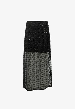Schwarzer Pailletten-Maxi-Rock mit einer transparenten unteren Schicht, die florale Muster aufweist. Das Oberteil ist einfarbig schwarz, mit einem eng anliegenden Taillenbund und einem fließenden Design.