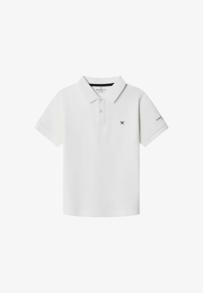 Polo blanc avec patte à deux boutons, manches courtes et logo noir brodé sur la poitrine et la manche. Tissu en coton lisse.